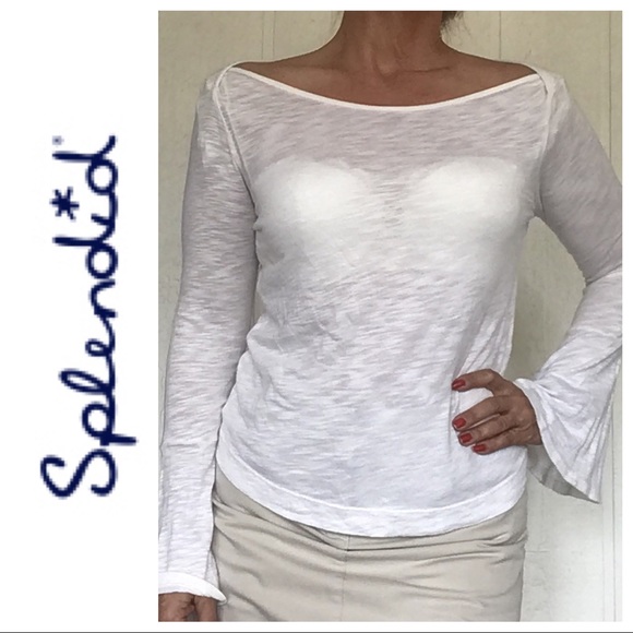SPLENDID WHITE SLUB KNIT LONG BELL SLEEVE TOP SIZE SMALL - Picture 4 of 12
